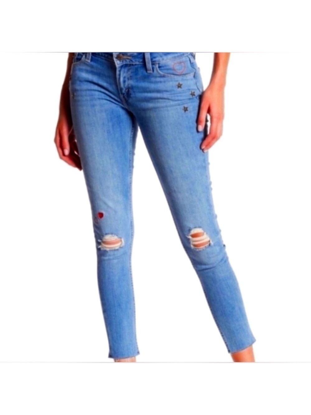 Levi's 535 Super Skinny Raw Hem Star and Heart Embroidered Ankle Jeans Sz 30